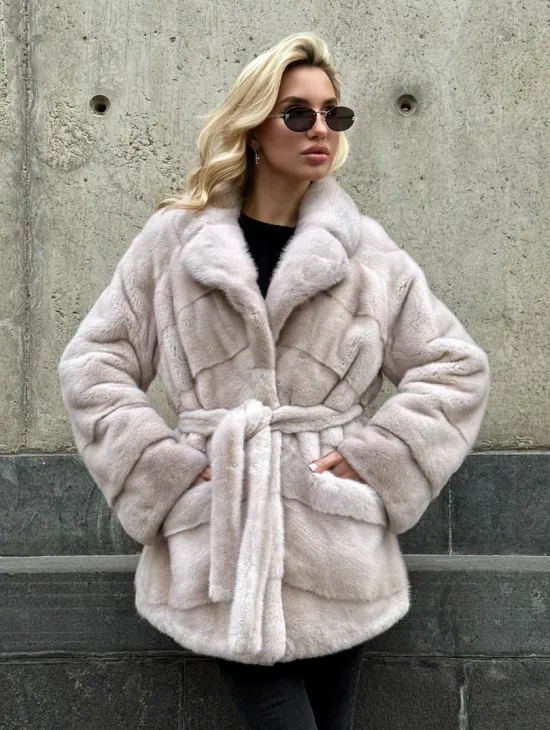 Светлый норковый полушубок PREMIUM FUR с английским воротником - фото 4