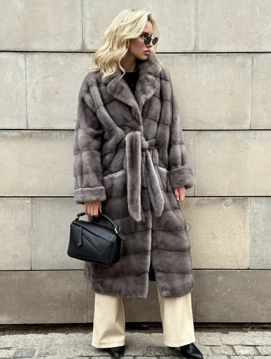 Шуба - кимоно под пояс из меха аукционной норки с английским воротником - фото 0