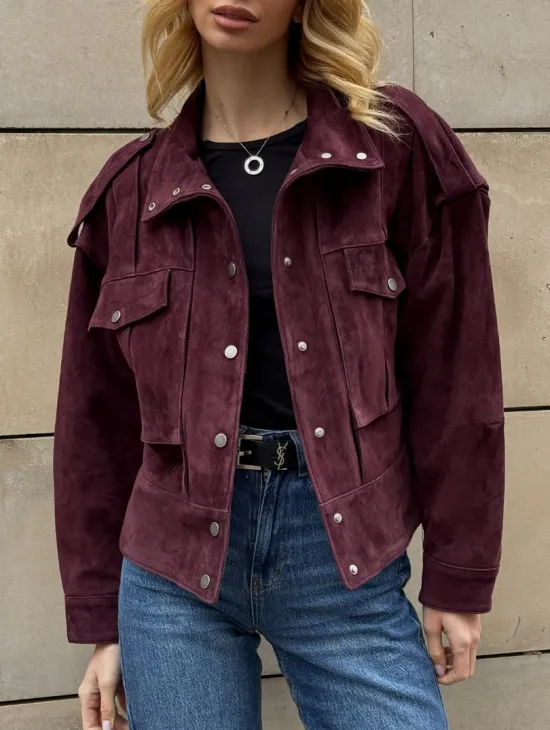 Винтажная женская повседневная куртка из натуральной замши Burgundy - фото 3