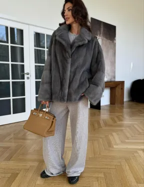 Норковая шуба цвет - серый графит - фото 1