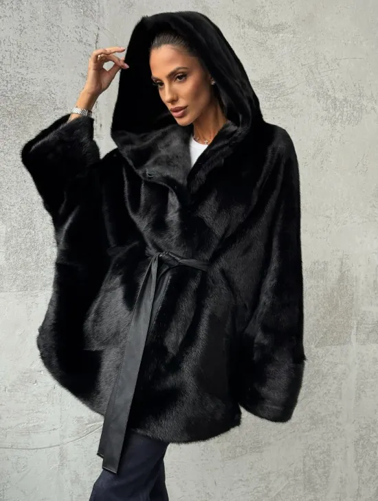 Полушубок черный норковый с капюшоном - фото 4
