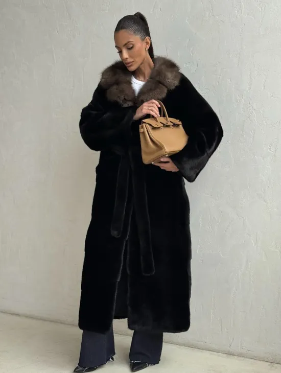 Черная норковая шуба - воротник куница - фото 7
