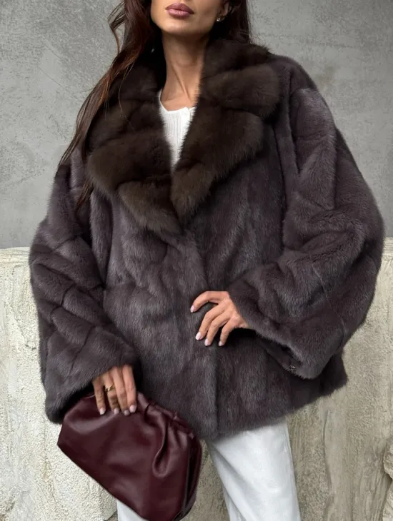 Норковый полушубок с воротником куница - фото 1