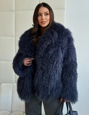 Шуба из ламы - цвет джинс - фото 3