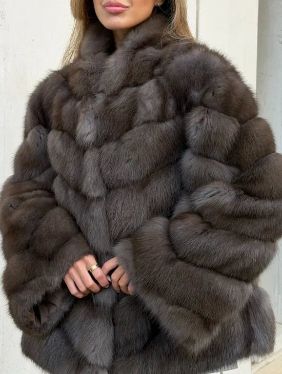 Шуба из куницы в цвете соболь - рукава косичкой - фото 1