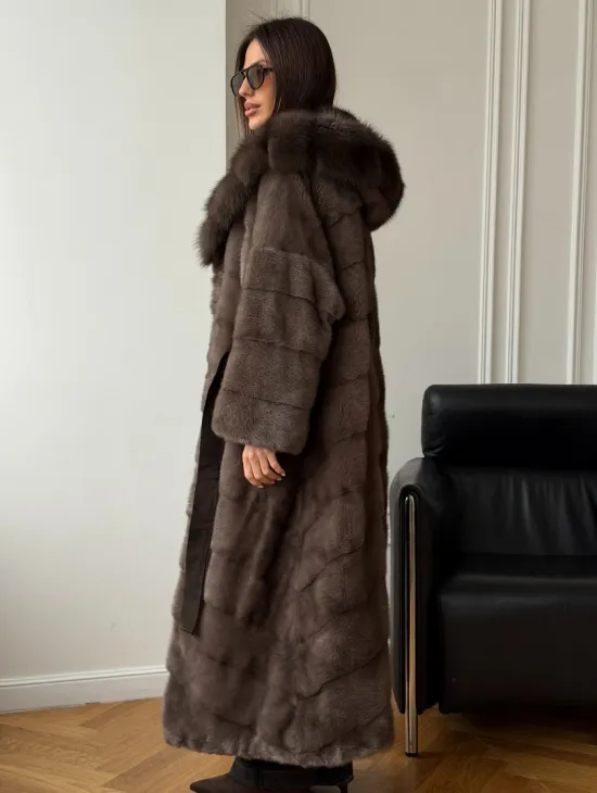 Шуба-кимоно с капюшоном куница - фото 5