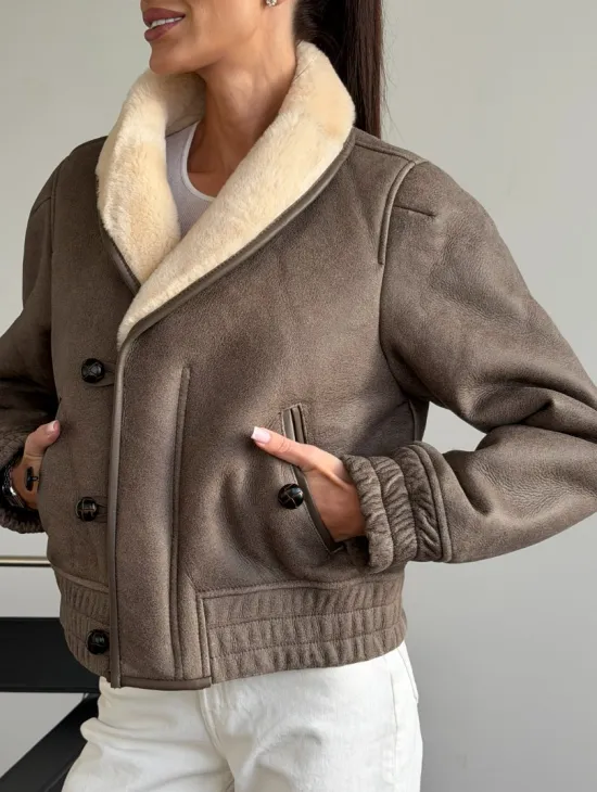 Короткая дубленка - воротник шаль - фото 4