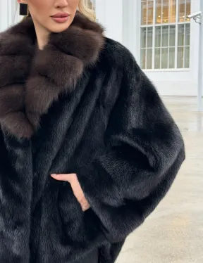 Черный норковый жакет с воротником куницы - фото 3