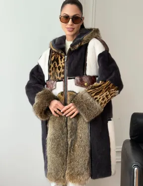 Комбинированная норковая шуба с капюшоном - фото 8