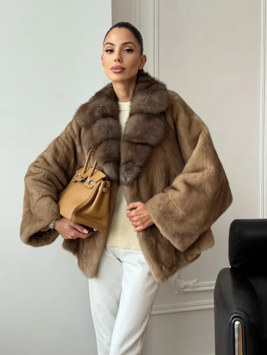 Норковый полушубок с воротником куницы 70 см - фото 9