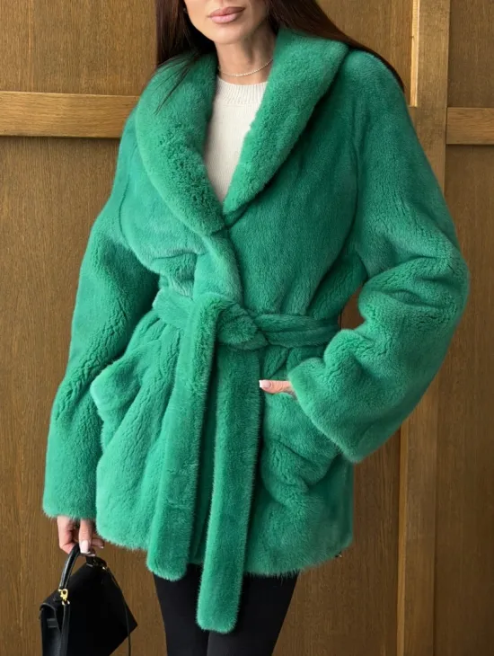 Шуба из плюшевой норки VELVEТ - изумруд - фото 2