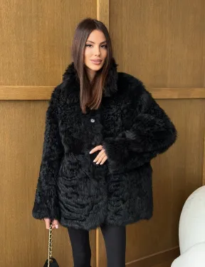 Черная двухсторонняя дубленка из меха тиградо - фото 14