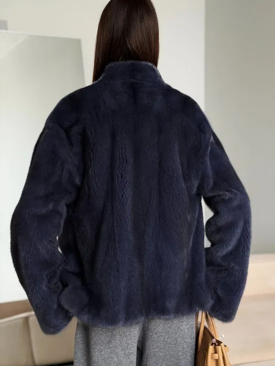 Короткий норковый жакет - синий графит - фото 4