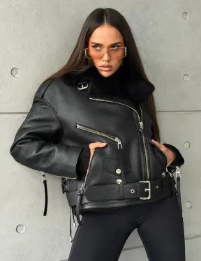 Черная короткая дубленка авиатор - фото 11