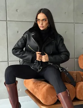 Черная короткая дубленка авиатор - фото 15