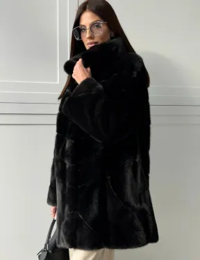 Черная норковая шуба - стойка воротник - фото 4