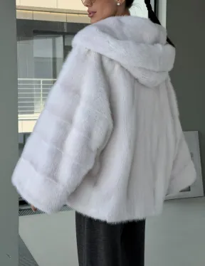 Белый норковый полушубок с капюшоном кобра - фото 4