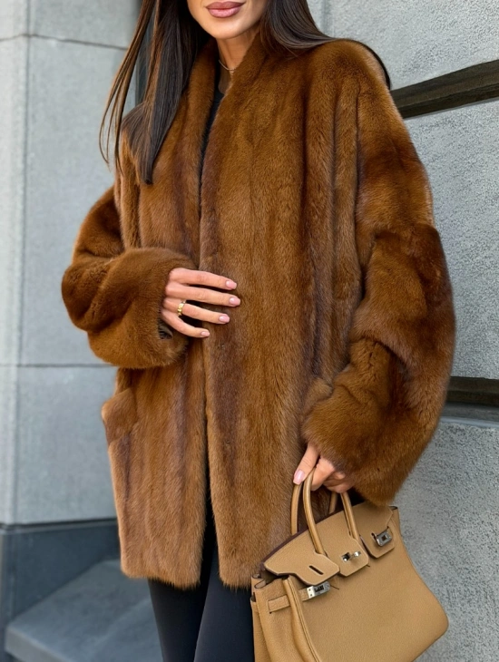 Норка жакет V-образный ворот цвет Dark Gold - фото 5