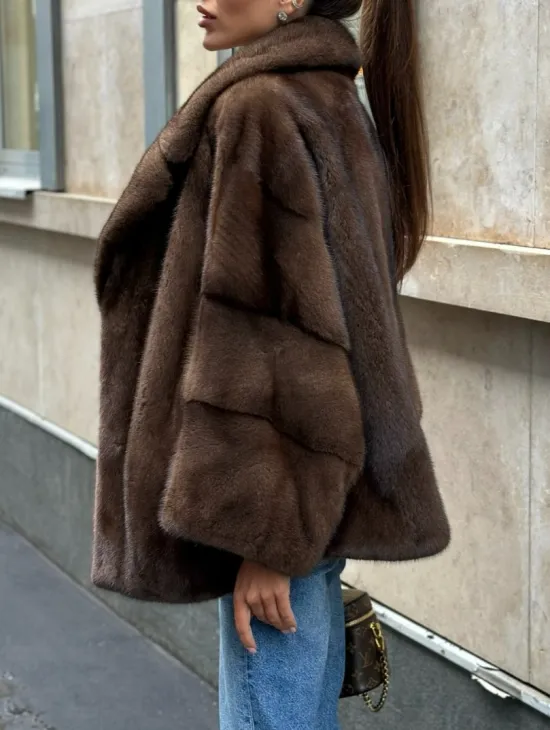 Норковый полушубок с английским воротником - цвет орех - фото 2