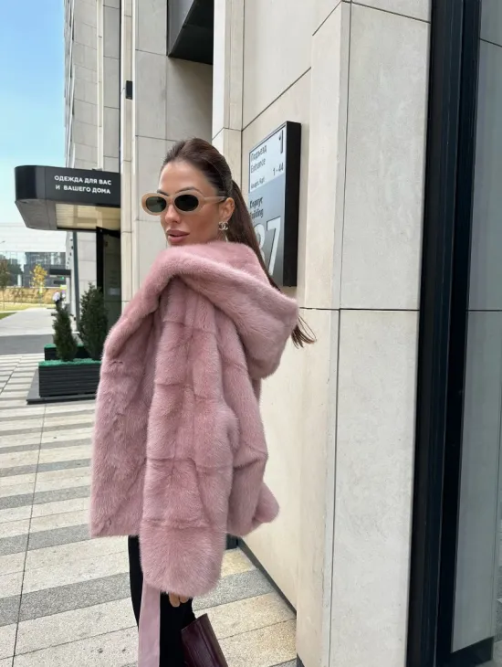 Норковый жакет с капюшоном - цвет розовый фламинго - фото 5