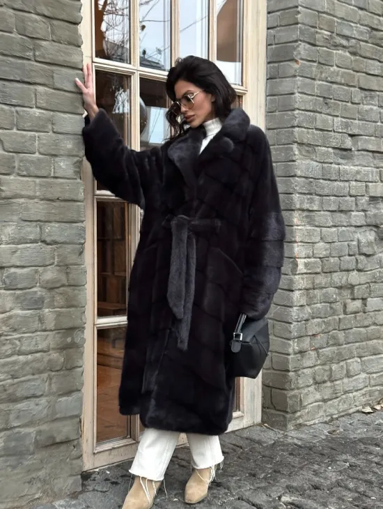 Шуба Халат из меха норки с английским воротником - цвет темный графит - фото 9