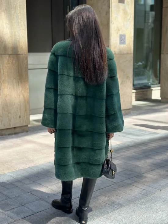 Зеленая шуба мех NAFA английский воротник - фото 4