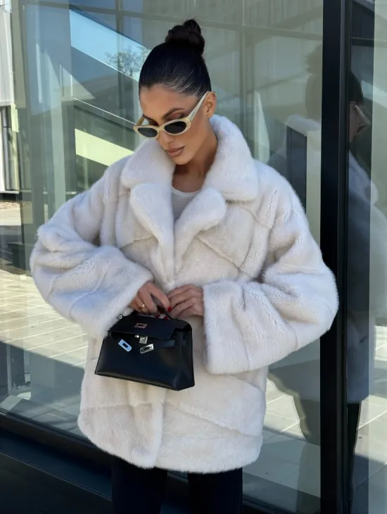 Короткая норковая шуба с английским воротником - цвет ваниль - фото 2