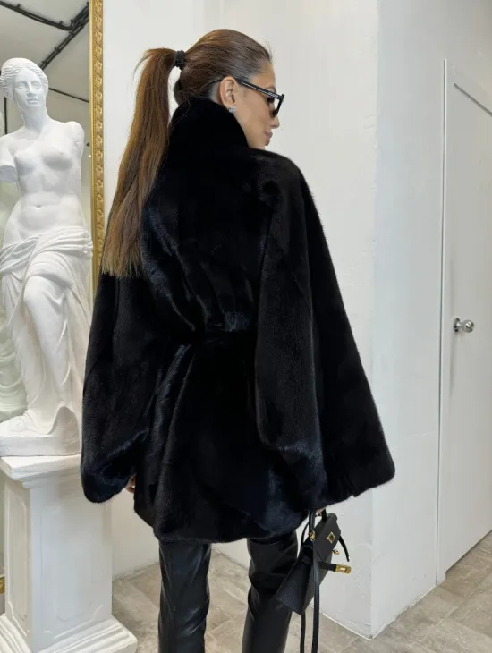 Шуба летучая мышь мех NAFA , стойка воротник - цвет черный бриллиант - фото 2