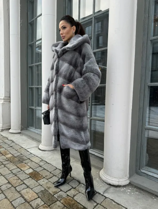 Шуба норковая с капюшоном, паркет - цвет графит-хамелеон - фото 6