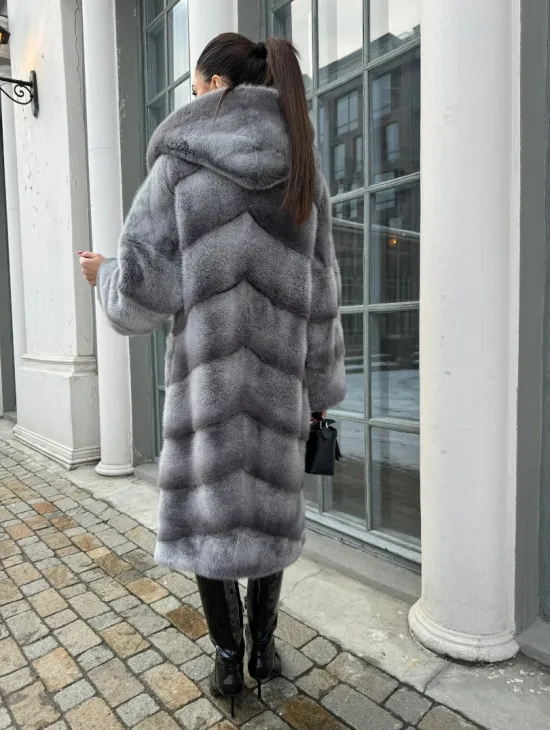 Шуба норковая с капюшоном, паркет - цвет графит-хамелеон - фото 3
