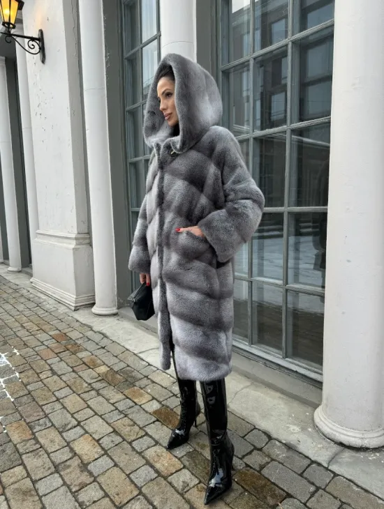 Шуба норковая с капюшоном, паркет - цвет графит-хамелеон - фото 7