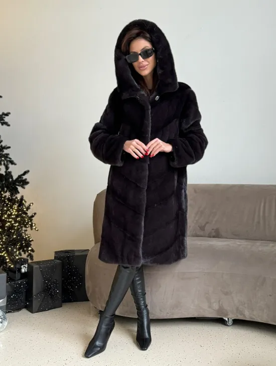 Норковая шуба с капюшоном, паркет - цвет инжир - фото 5