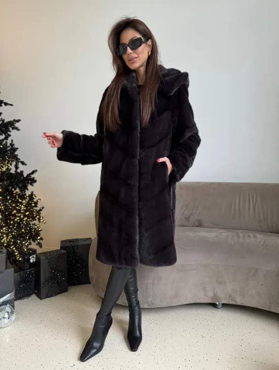 Норковая шуба с капюшоном, паркет - цвет инжир - фото 0