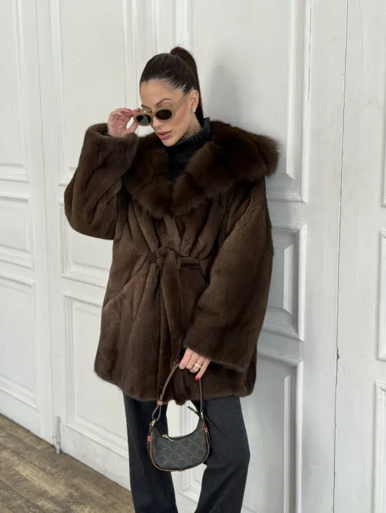 Норка летучая мышь роспуск с капюшоном куница - цвет орех - фото 7