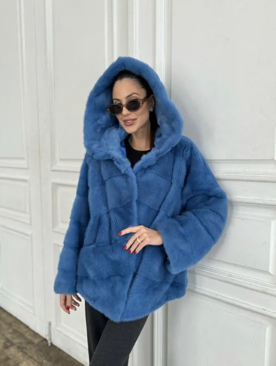 Норковый полушубок с капюшоном, паркет - цвет васильковый - фото 5