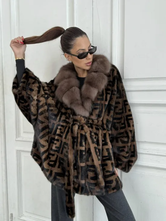 Норка летучая мышь воротник из меха куницы, принт - цвет соболь - фото 6