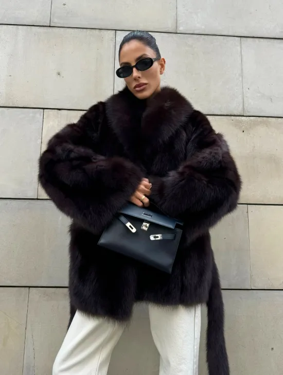 Шуба - жакет из меха куницы в цвете BURGUNDY - фото 10